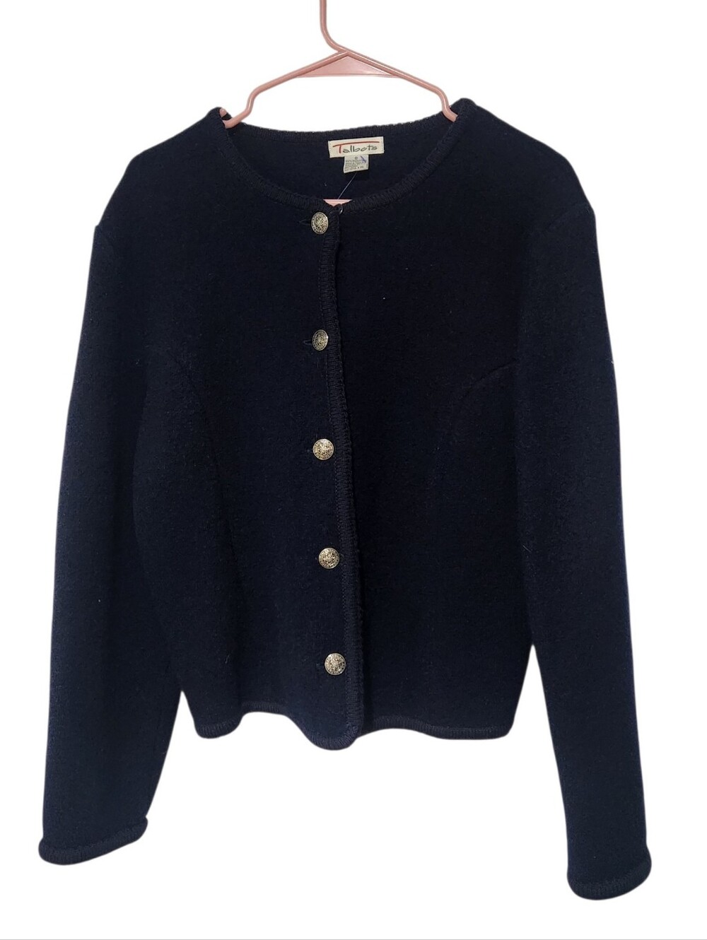 Talbots Women Navy Blue 100% Wool Sweater Jacket Button Front Long Sleeve Size 8